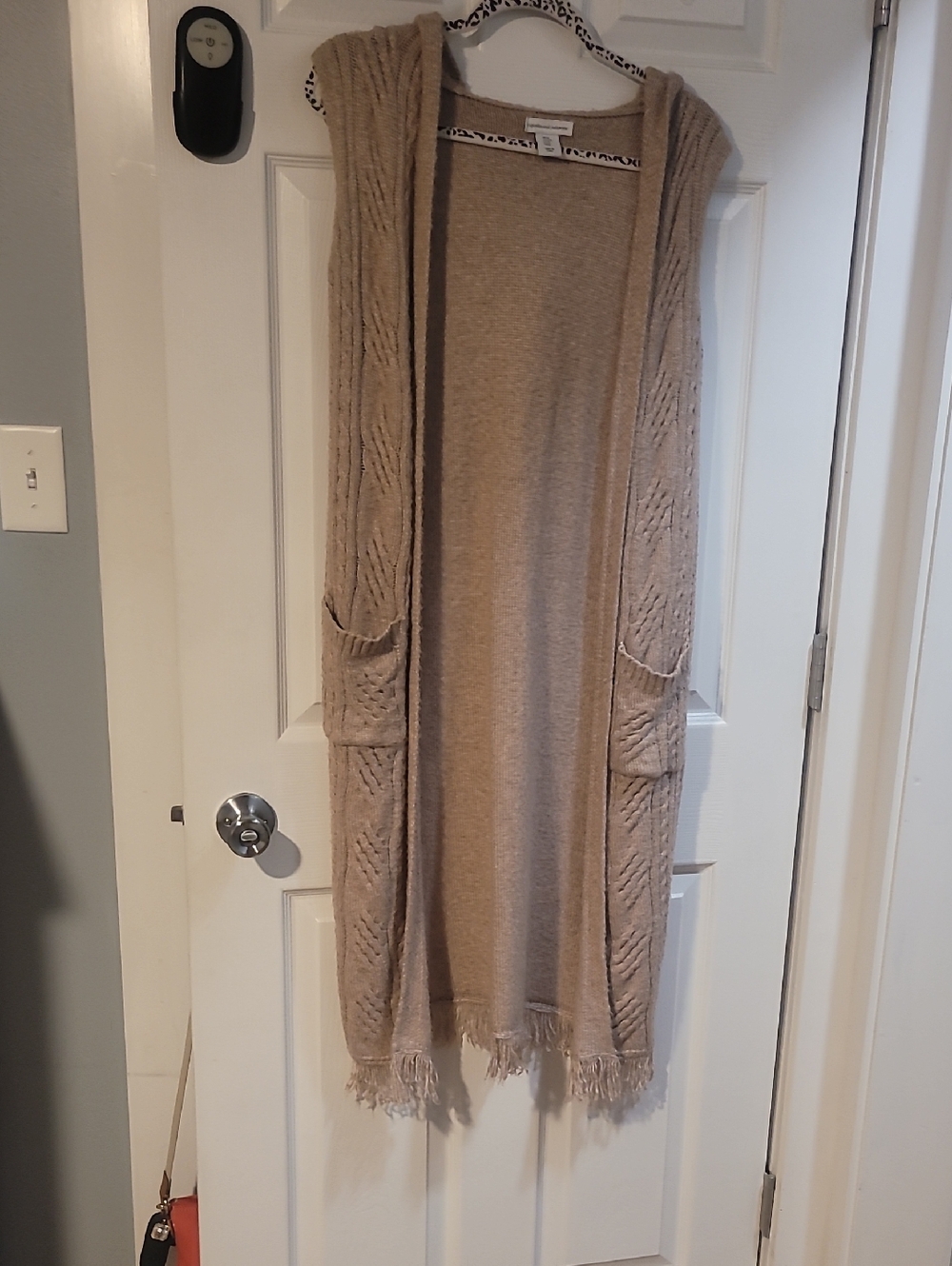 5 for $25 cupcakes & cashmere Beige Knit Hooded Long Vest with Fringed Hem
